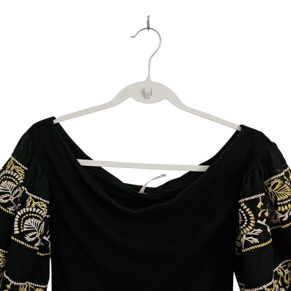 Free People Rock With It Top XS Black‎ Embroidered Off the Shoulder Boho Blouse - Picture 5 of 10
